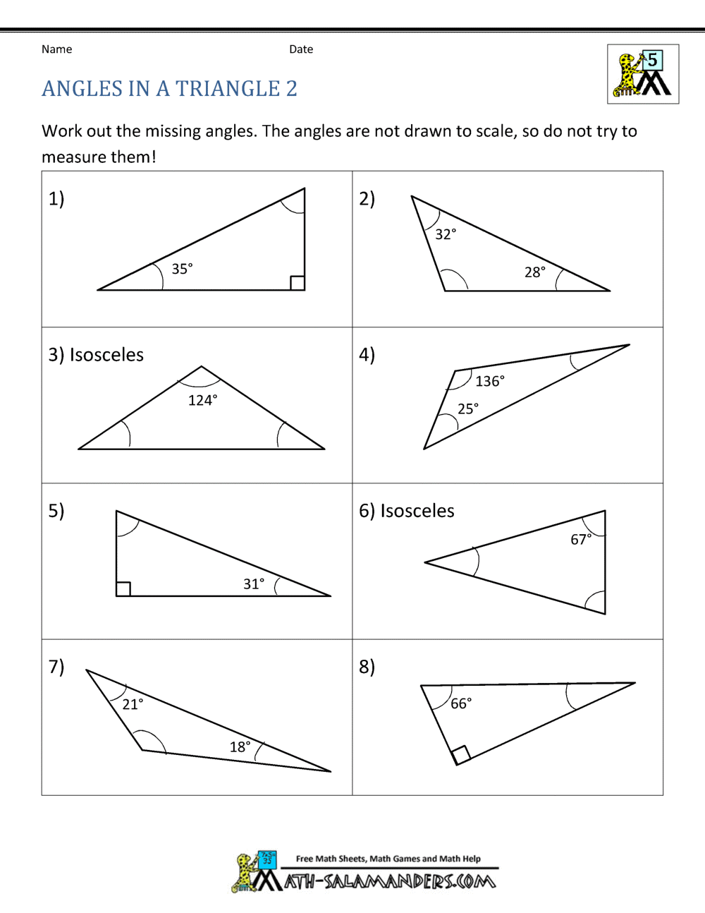 20th Grade Geometry With Angles In A Triangle Worksheet