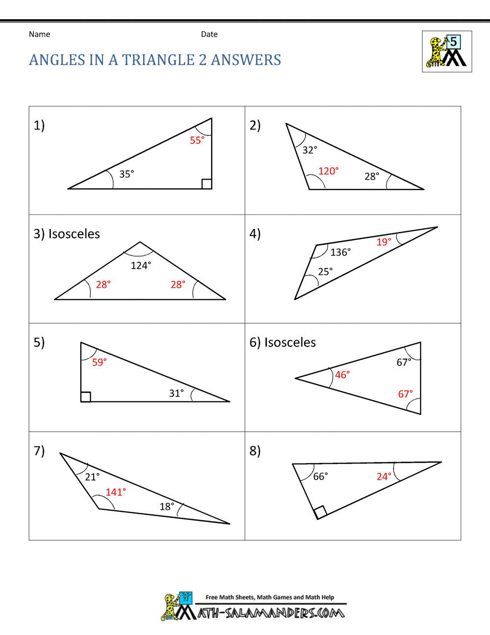 Triangles:angles Intended For Triangle Interior Angles Worksheet Answers