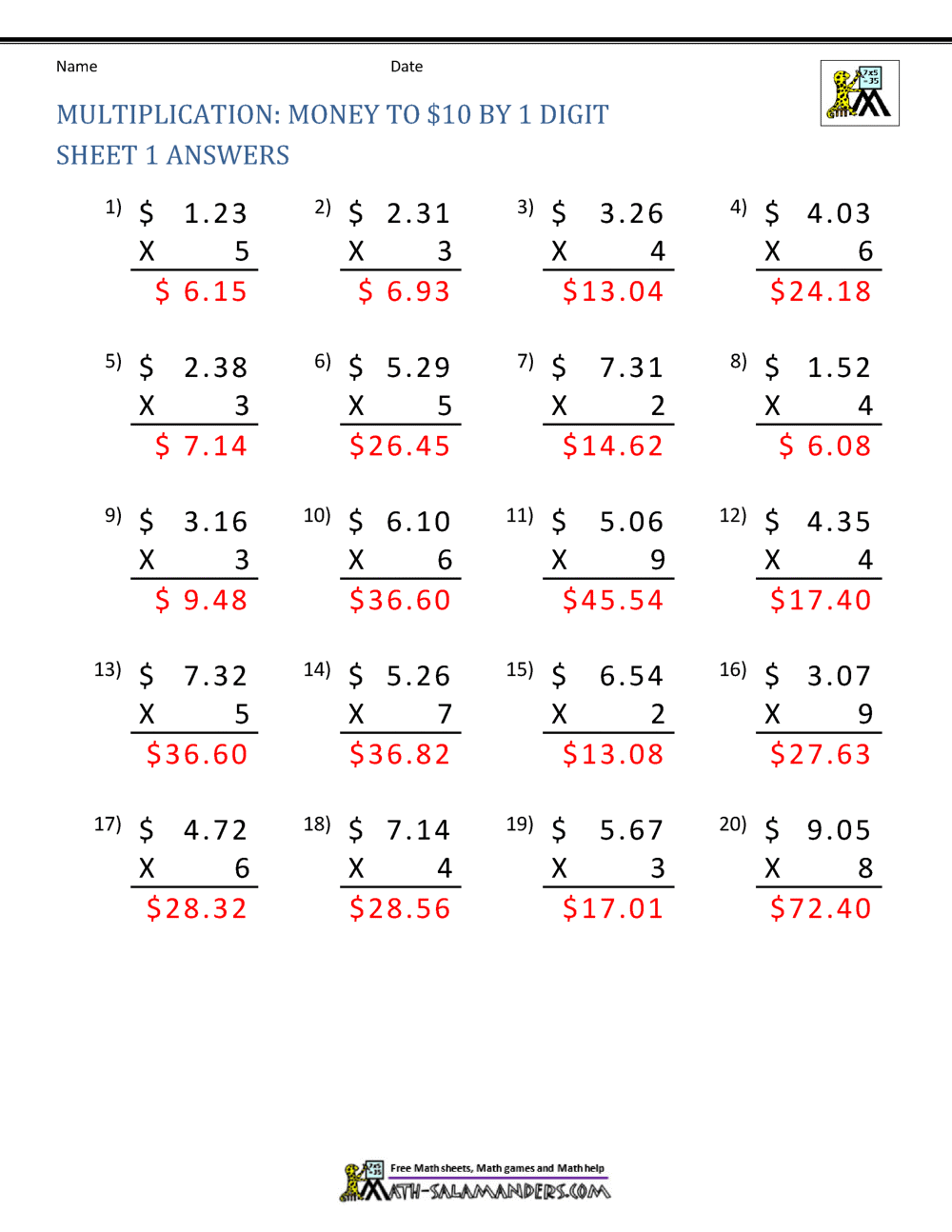 Multiplication Money to $10 by 1 Digit Sheet 2 Sheet 2 Answers PDF version