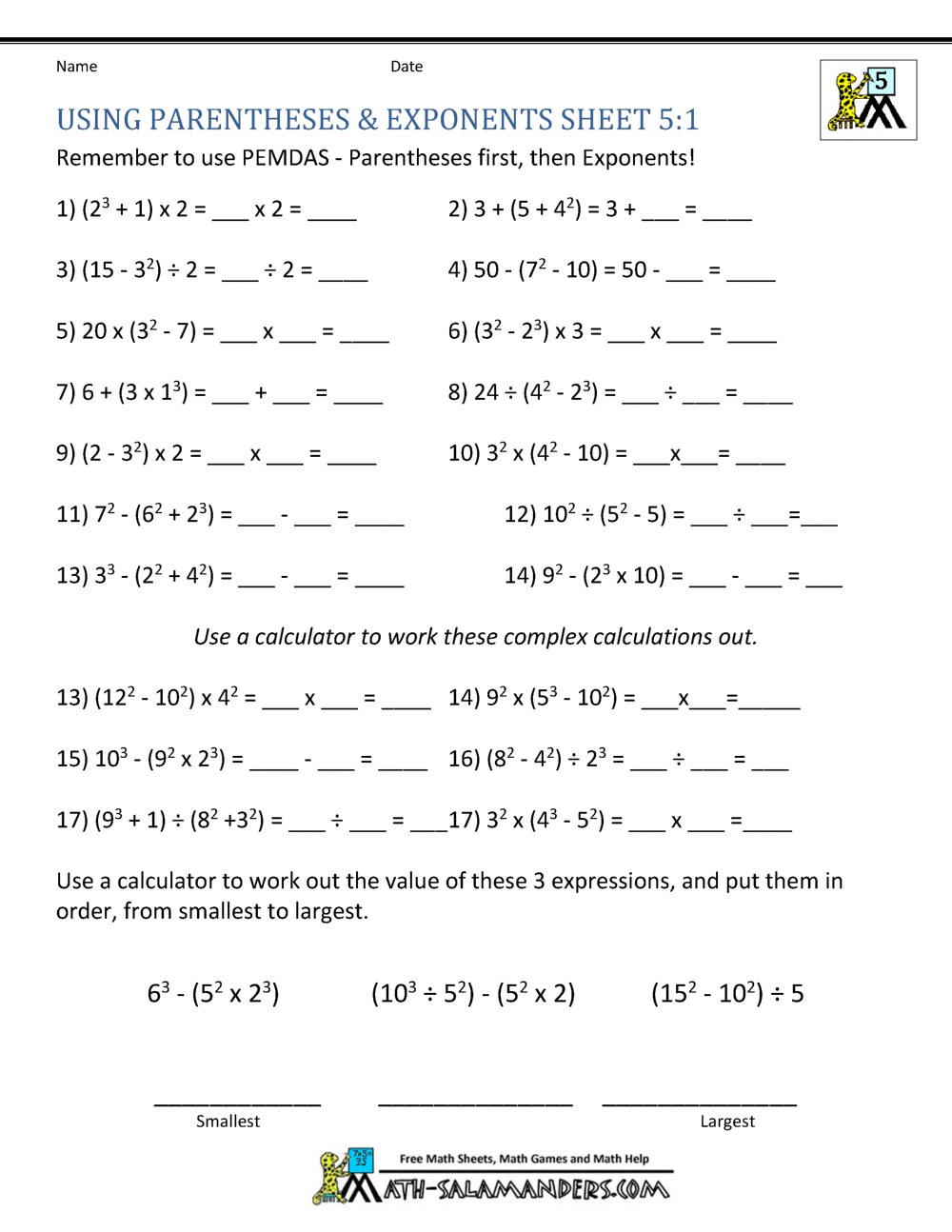 Math Worksheets 5th Grade Exponents and Parentheses