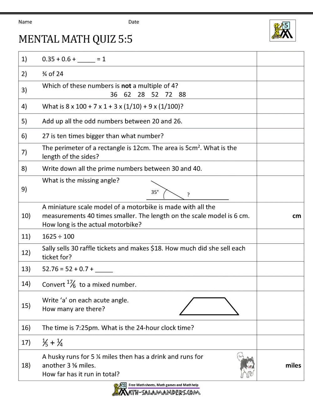 5 grade math worksheets pdf