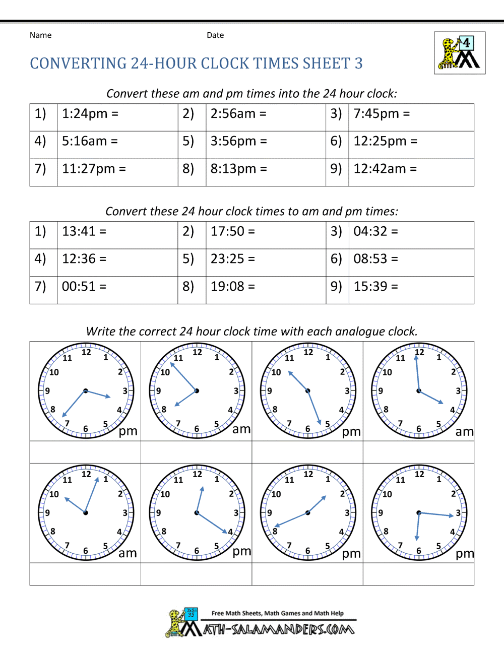 24 Hour Clock Conversion Worksheets