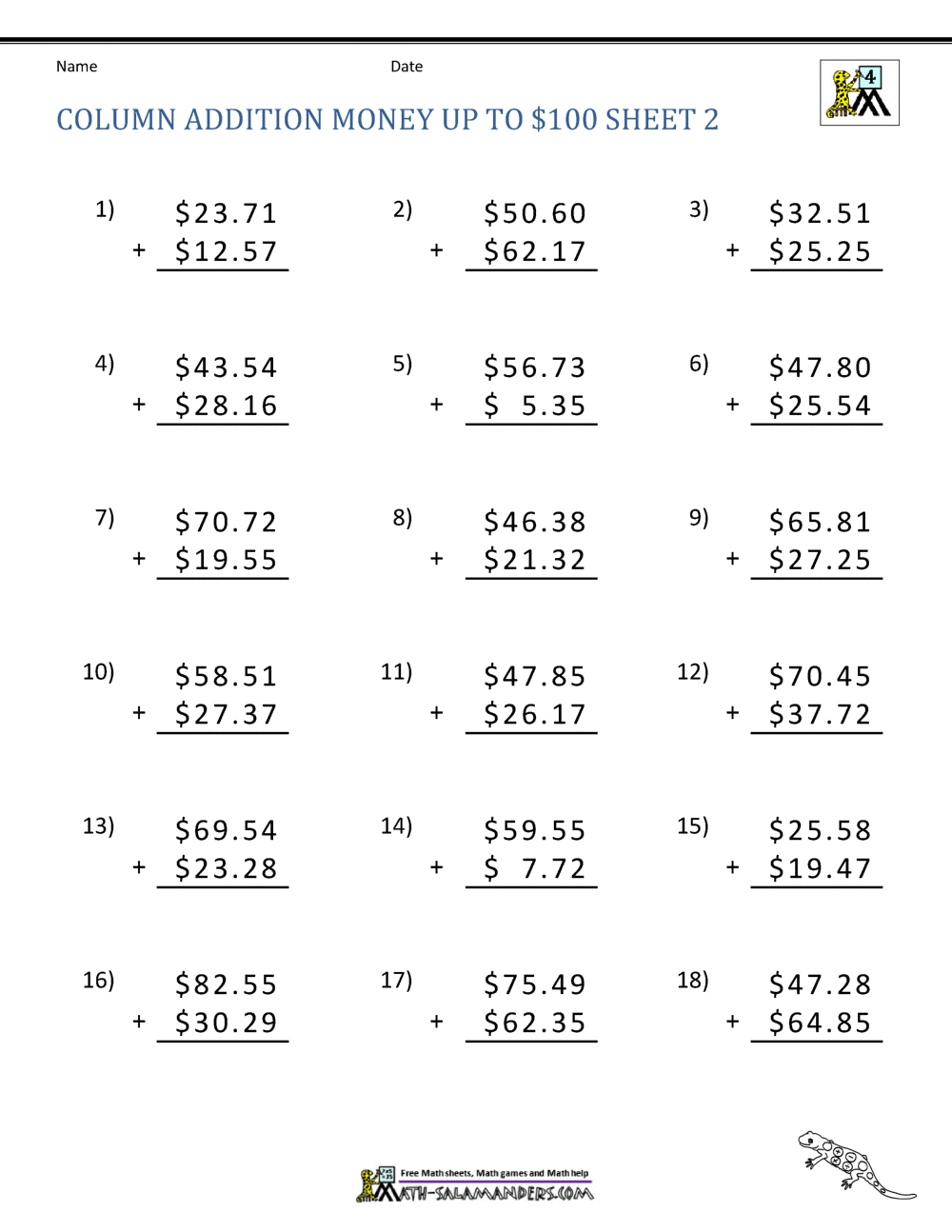 Math Addition Worksheet Collection 4th Grade