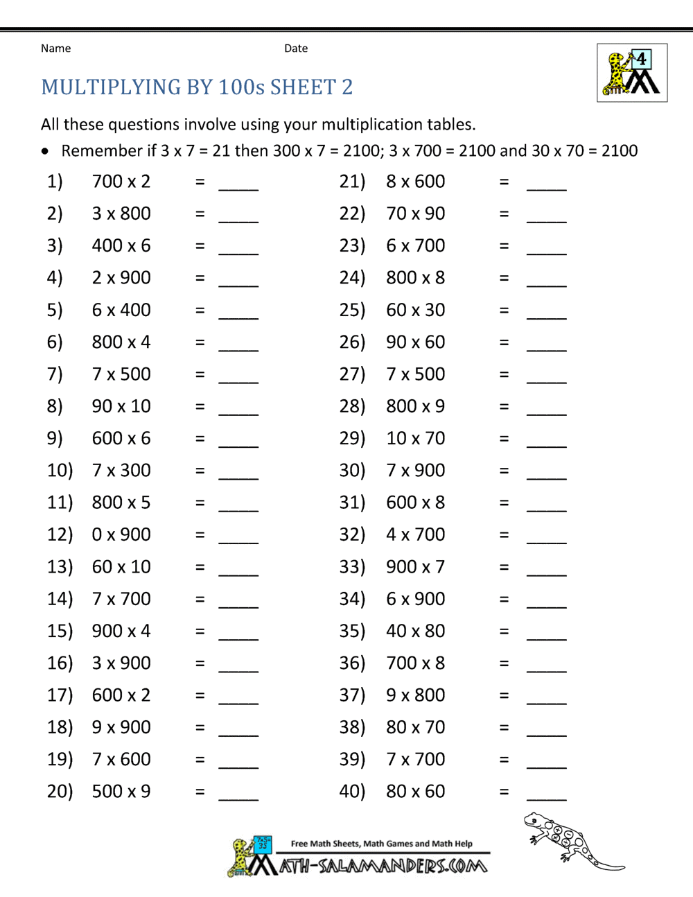 Multiplication Fact Sheets