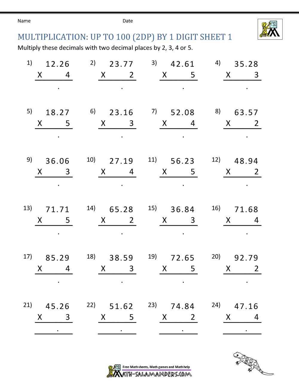 multiplication printable worksheets 4 digits 2dp by 1 digit 1