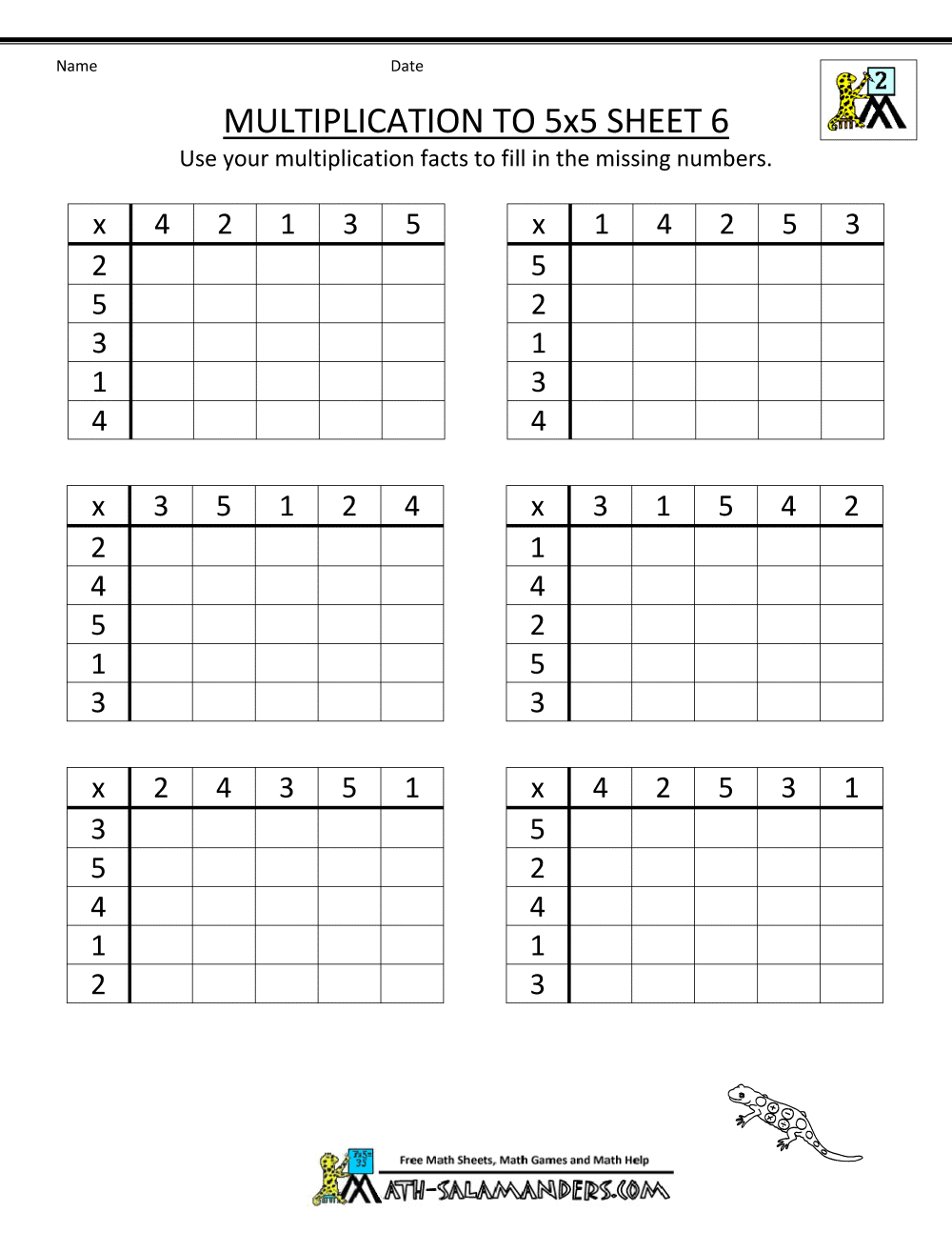 multiplication to 5x5 worksheets for 2nd grade