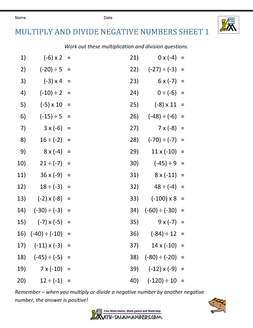 Multiply and Divide Negative Numbers Inside Multiplication Of Integers Worksheet