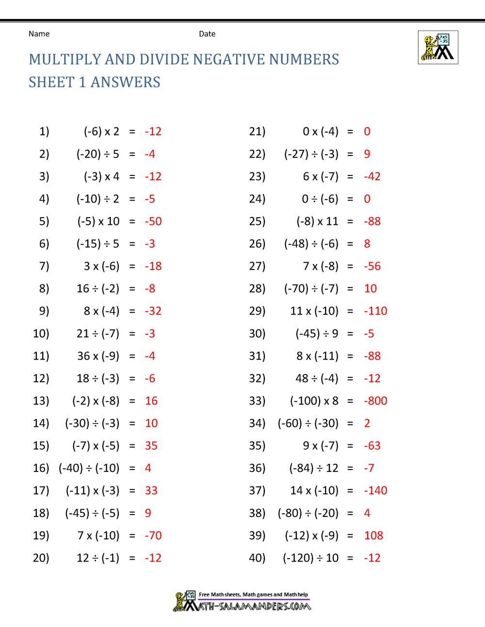 Multiply and Divide Negative Numbers With Multiplying Negative Numbers Worksheet