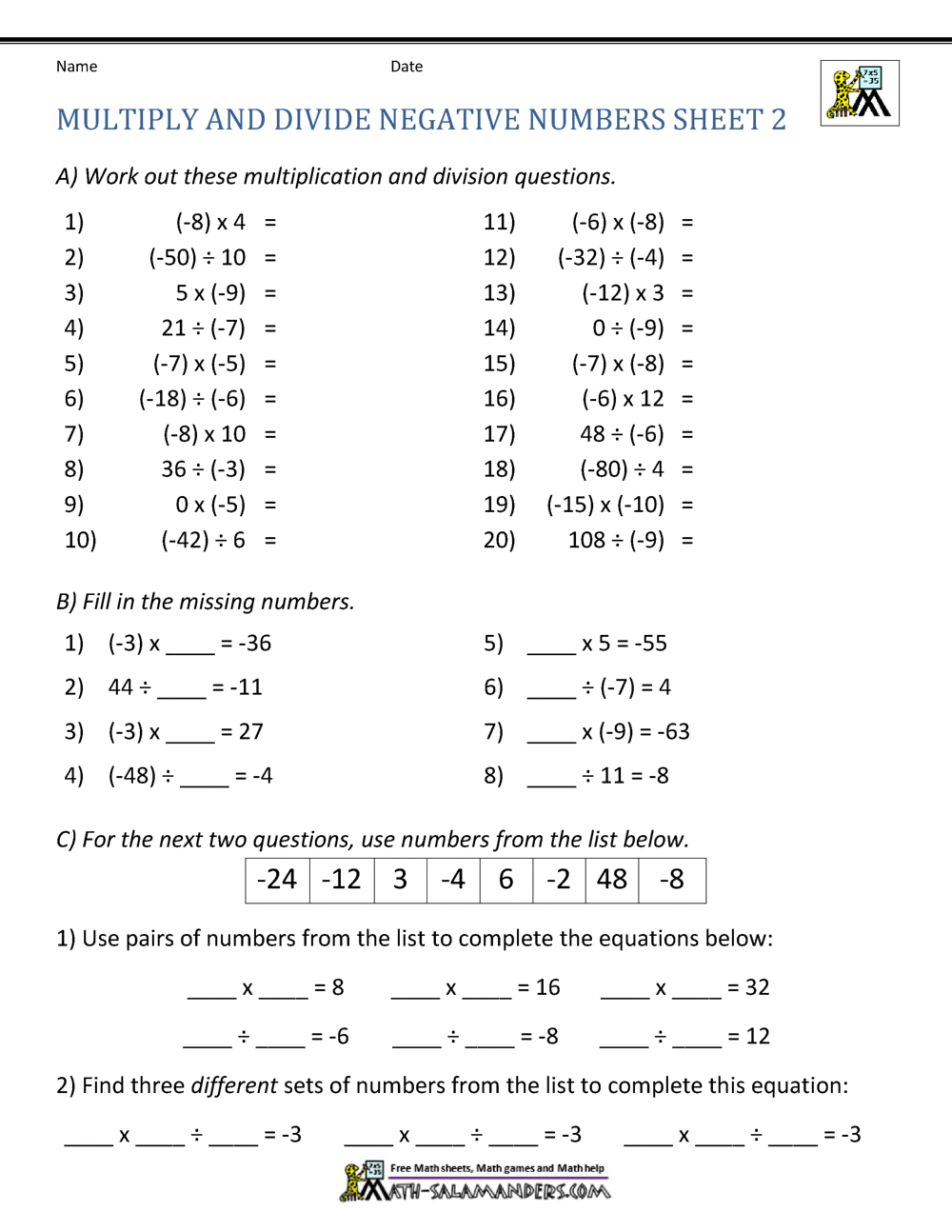 Multiply and Divide Negative Numbers In Multiplying Negative Numbers Worksheet