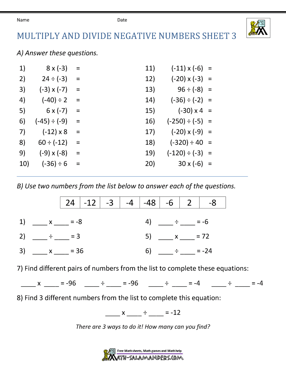 Multiply and Divide Negative Numbers For Multiplying And Dividing Integers Worksheet