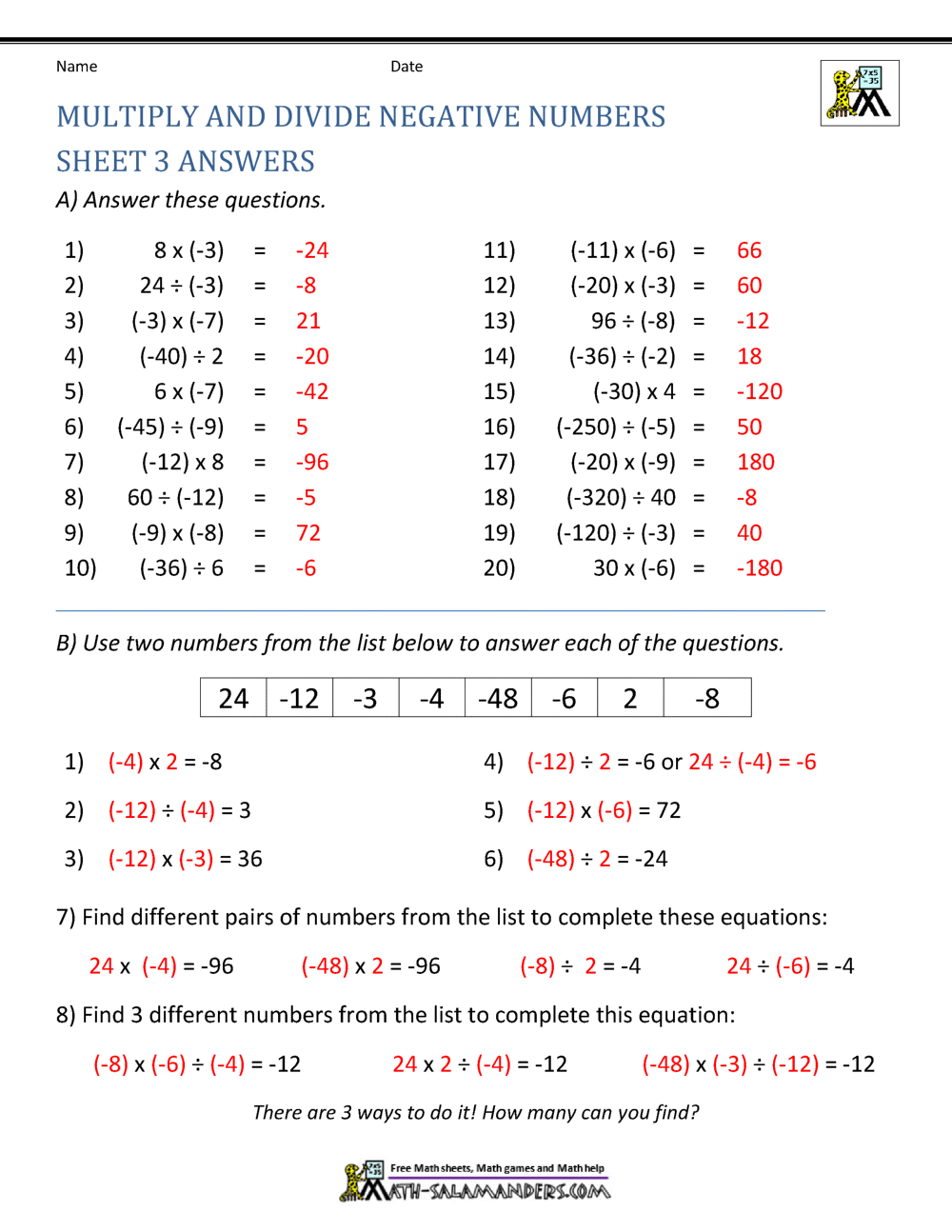 Multiply and Divide Negative Numbers Worksheet For Multiply And Divide Integers Worksheet