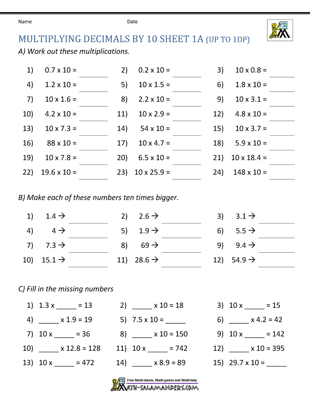 Multiplying Decimal Numbers By 10 Worksheets
