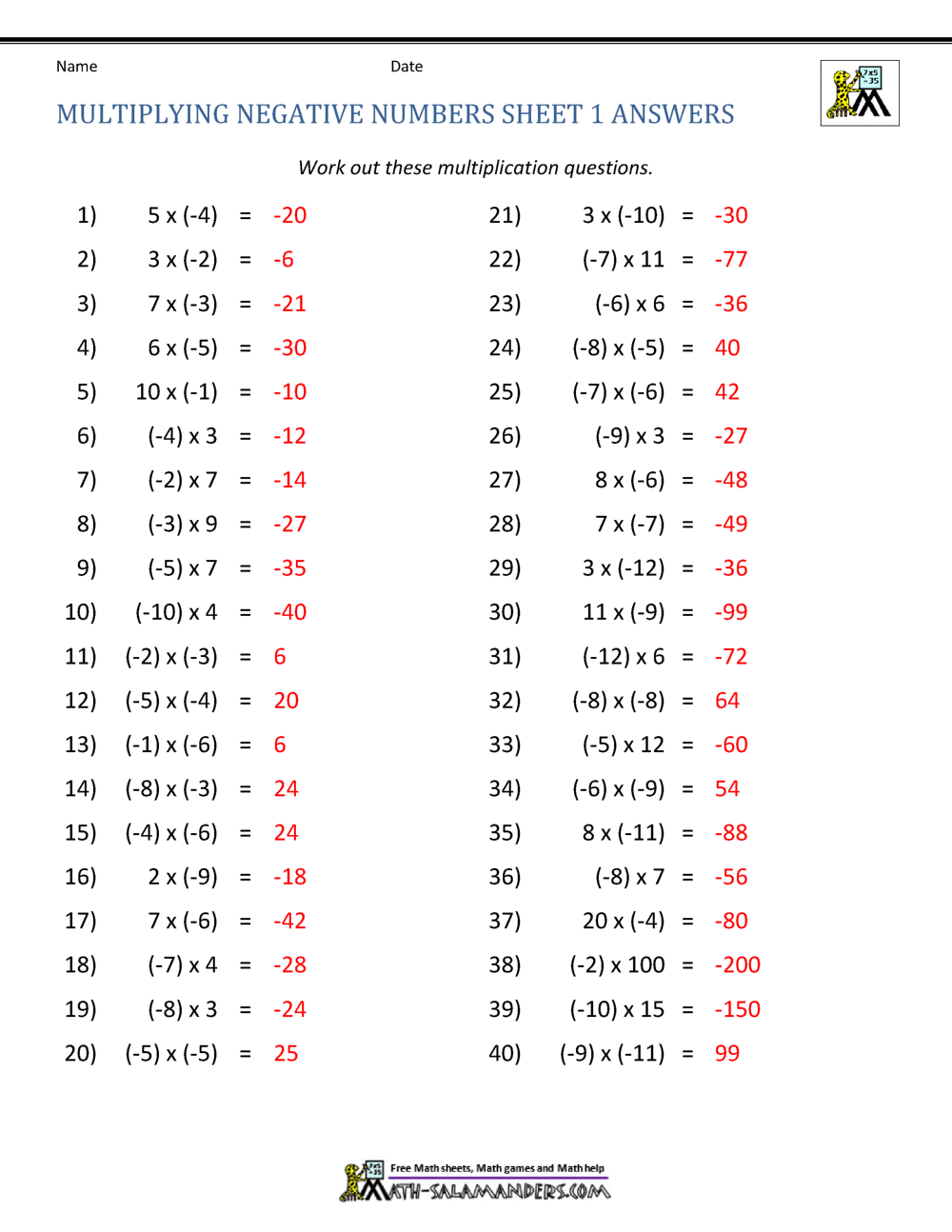 Negative Number Multiplication Intended For Multiplying Negative Numbers Worksheet