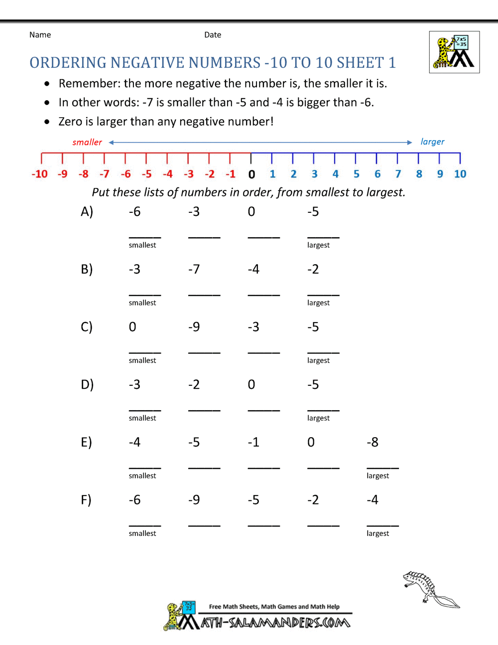 Free Printable Worksheets On Negative Numbers