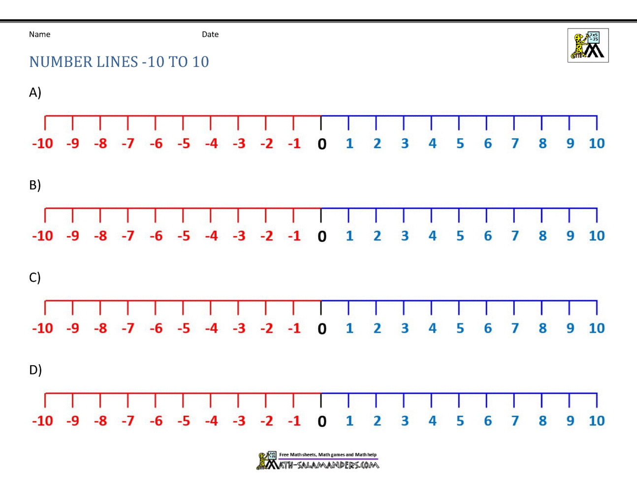 Number Lines from -10 to 10 Landscape.