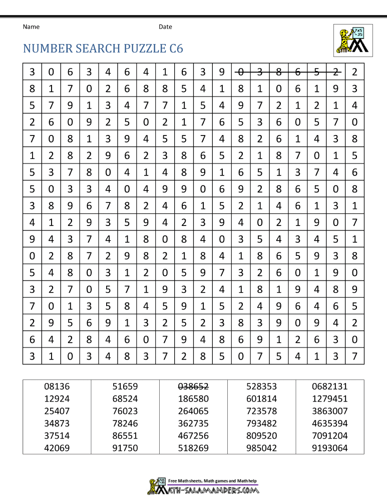 Number Search Worksheets