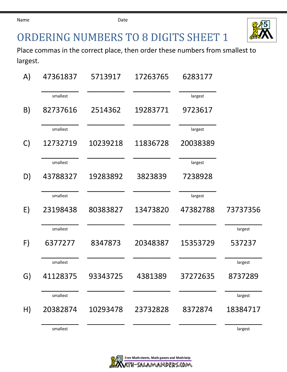 Comparing Larger Numbers Worksheet