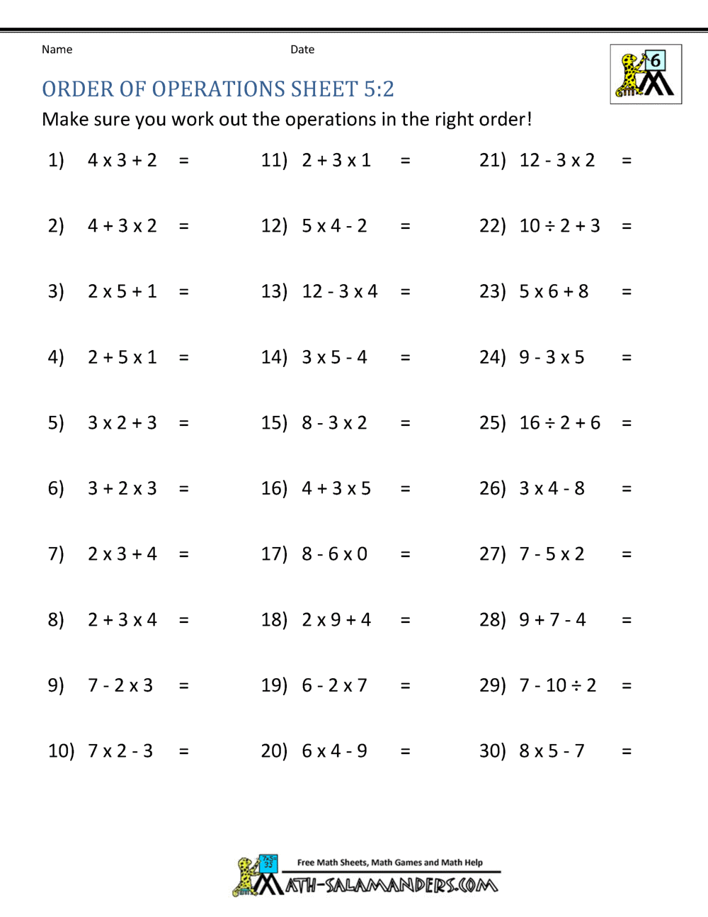 PEMDAS Problems Within Order Of Operations Puzzle Worksheet
