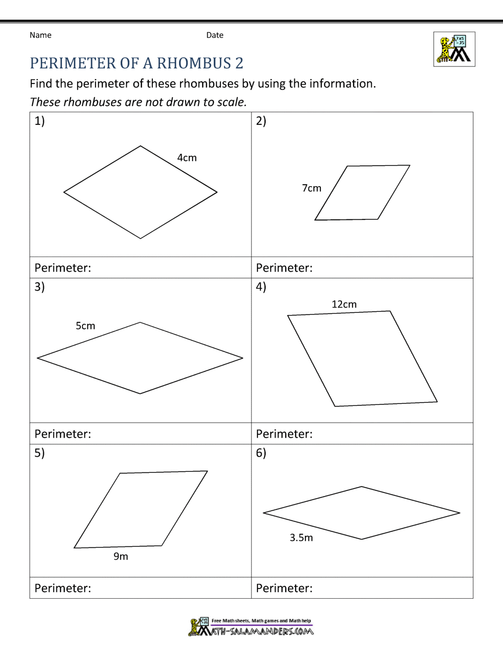 Perimeter of Rhombus Within Area Of Rhombus Worksheet