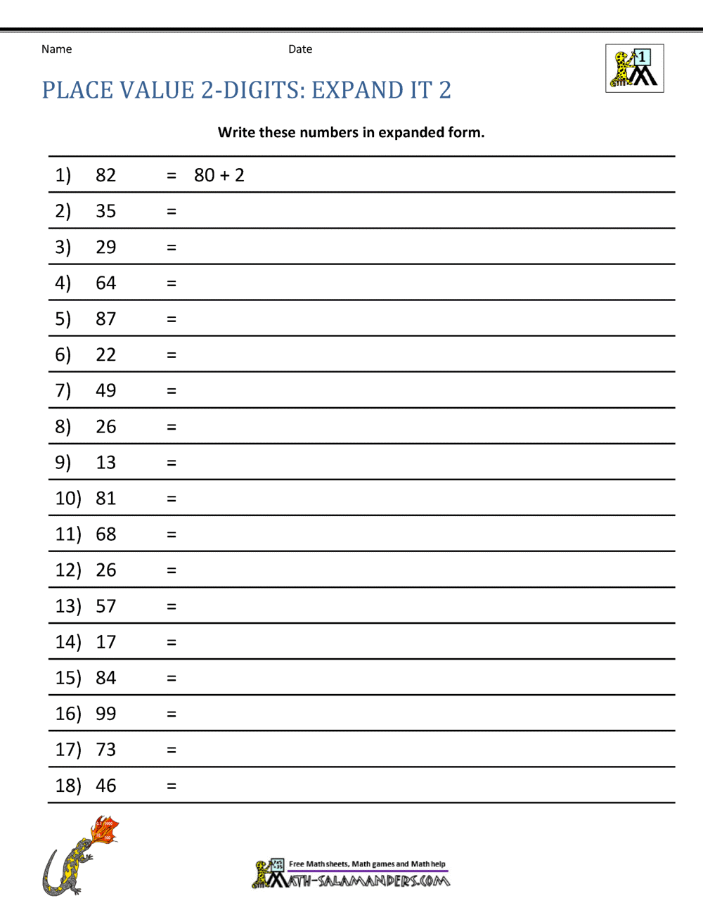 Math Place Value Worksheets 2 Digit numbers