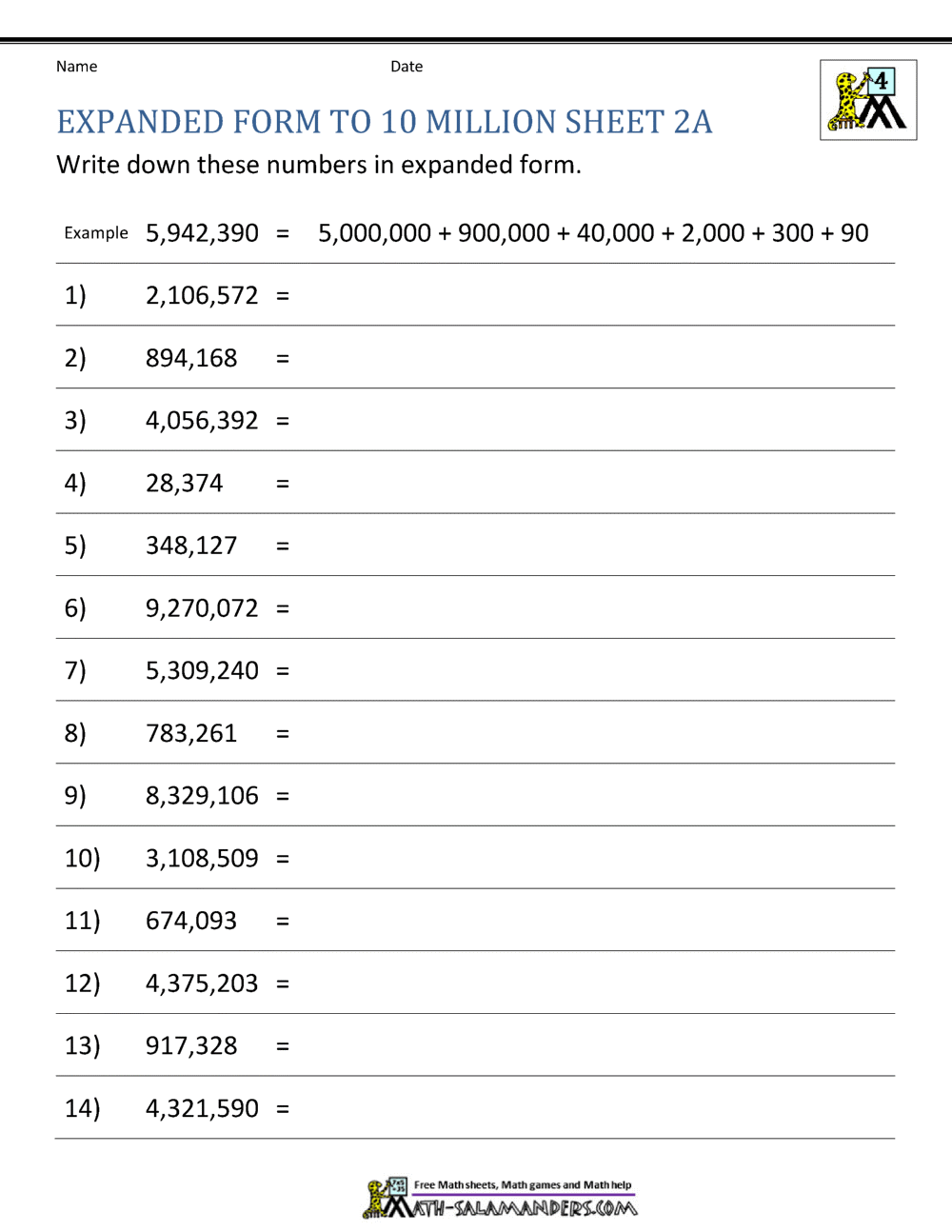 Place Value Worksheet - up to 10 million
