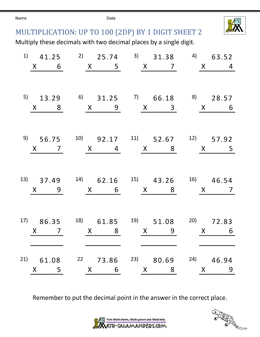 Printable Multiplication Sheet 5th Grade