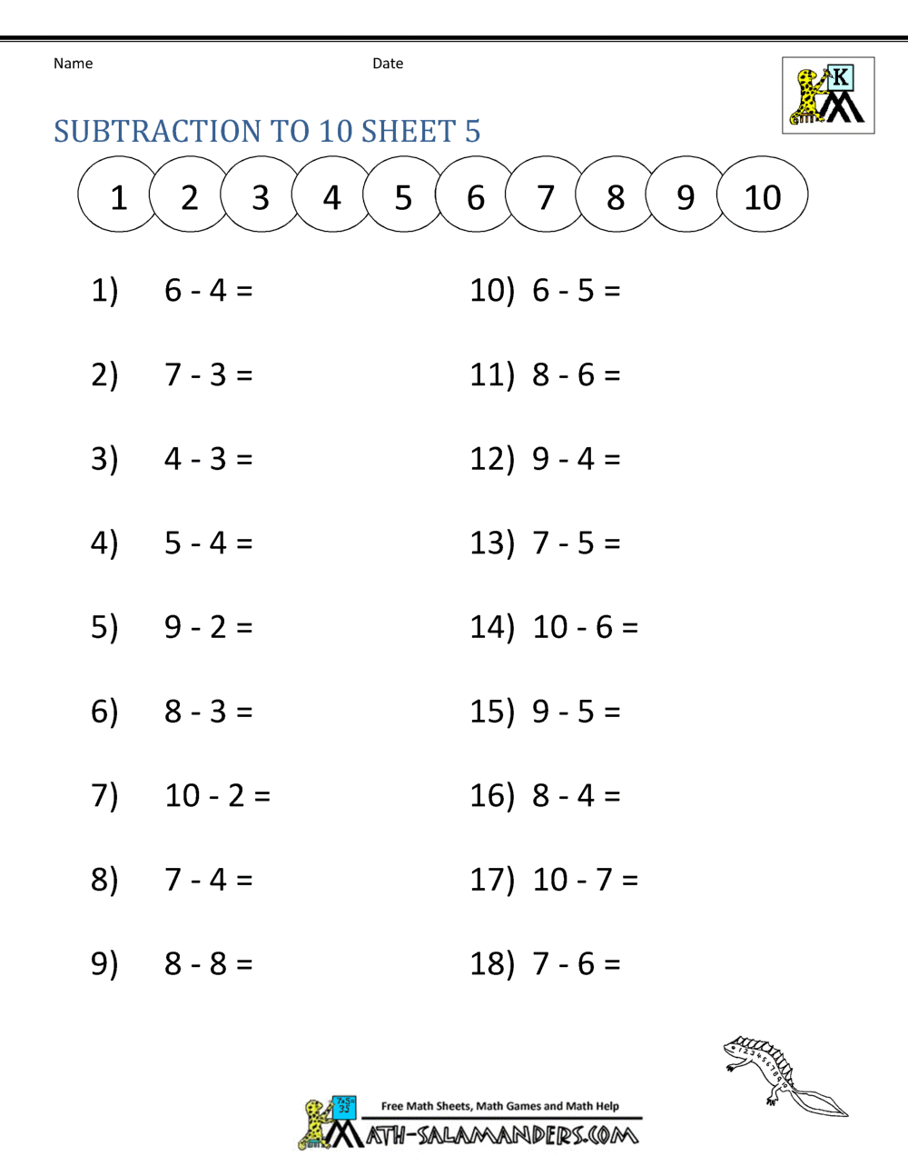 practice math worksheets subtraction to 10 5 - Kindergarten Math Test