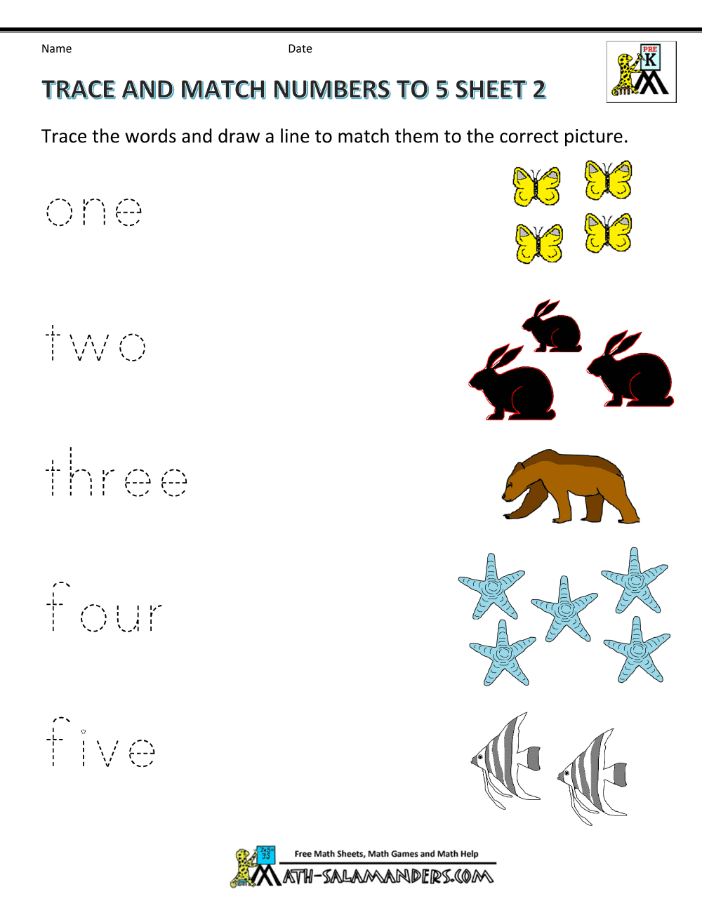 preschool printable worksheets trace and match numbers to 5 2 - Printable Mathematics Worksheets For Kindergarten
