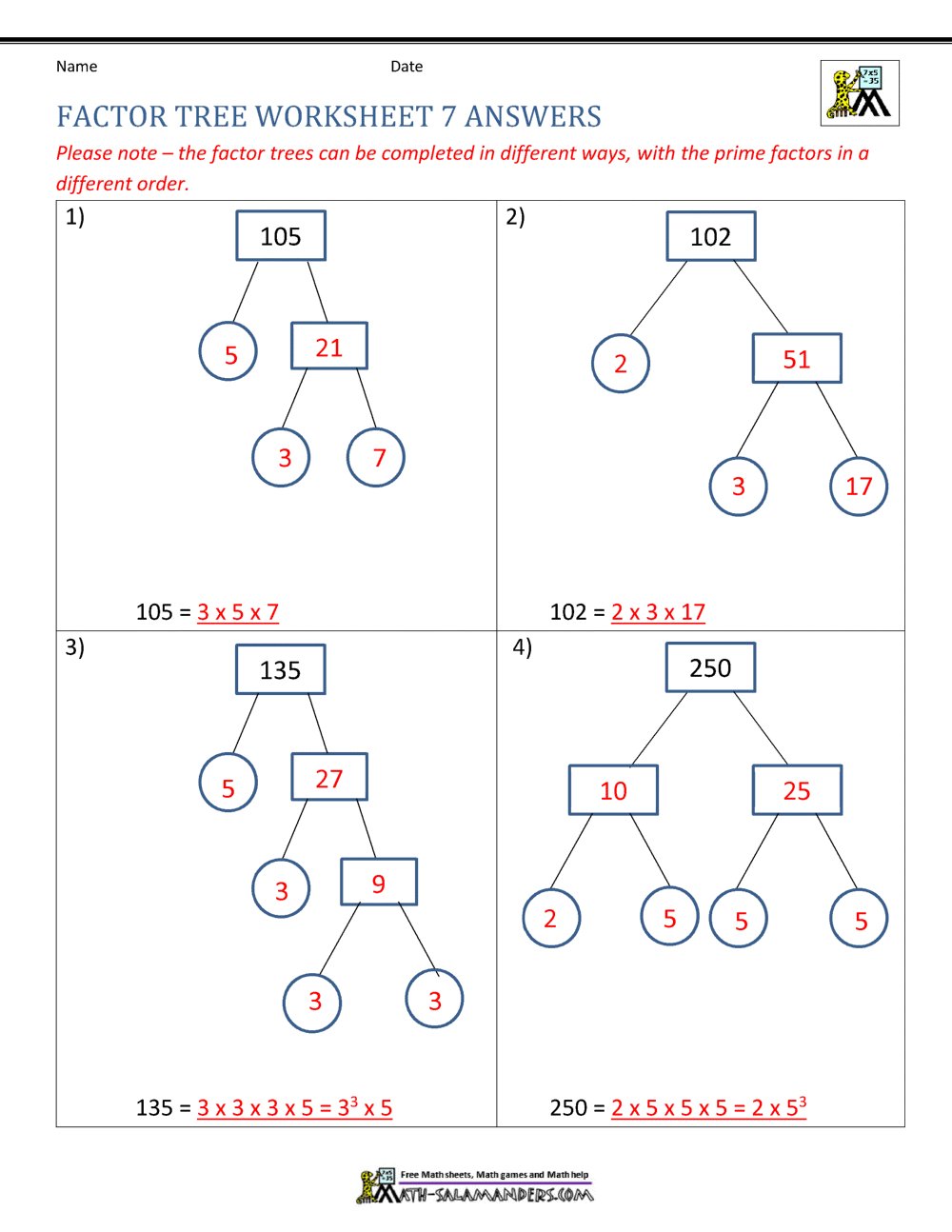 Factor Tree Worksheets Page