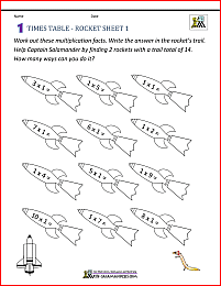 printable 1 times table worksheet rocket 1