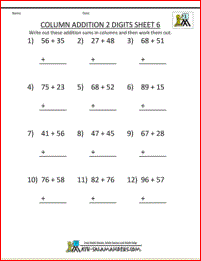 printable addition worksheets column addition 2 digits carrying 6
