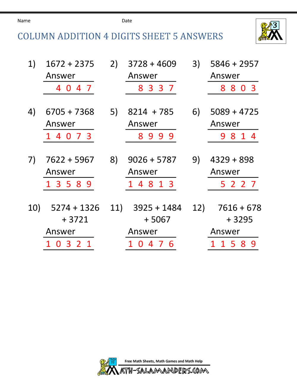 Free Printable Addition Worksheets 3rd Grade