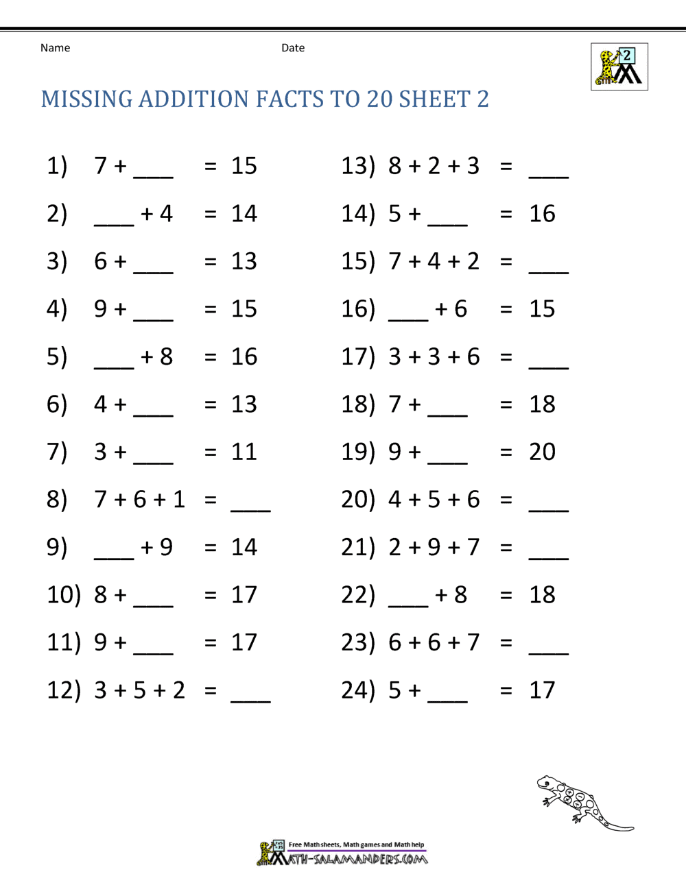 Addition Facts to 20 Worksheets
