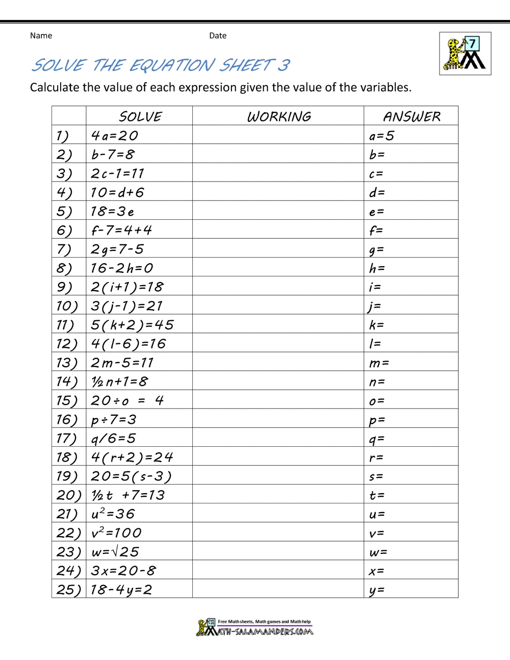Basic Algebra Worksheets