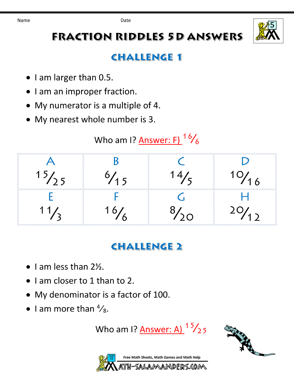 Free Printable Fraction Worksheets - Fraction Riddles (harder)
