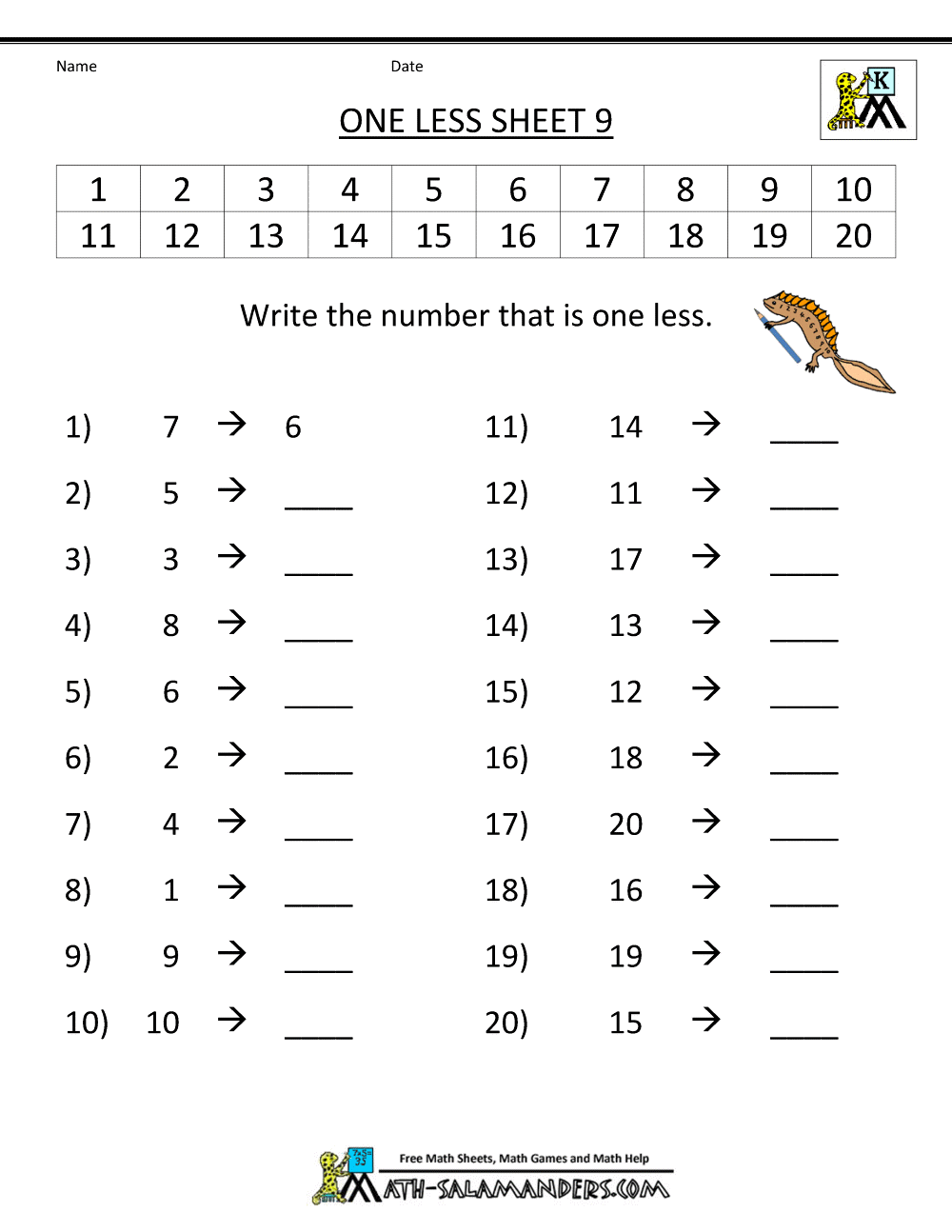 Kindergarten Math Printable Worksheets - One Less