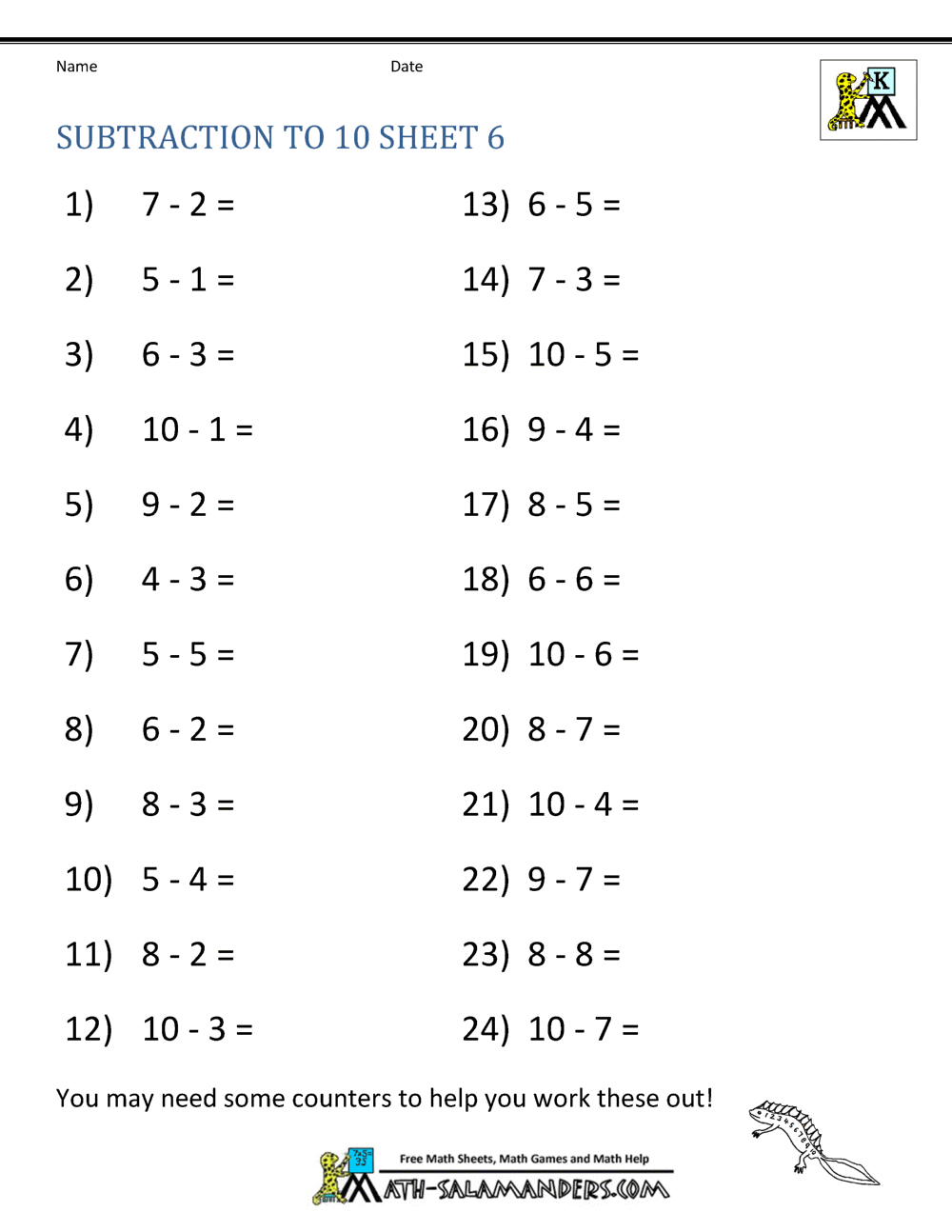 Subtraction to 10 Worksheets