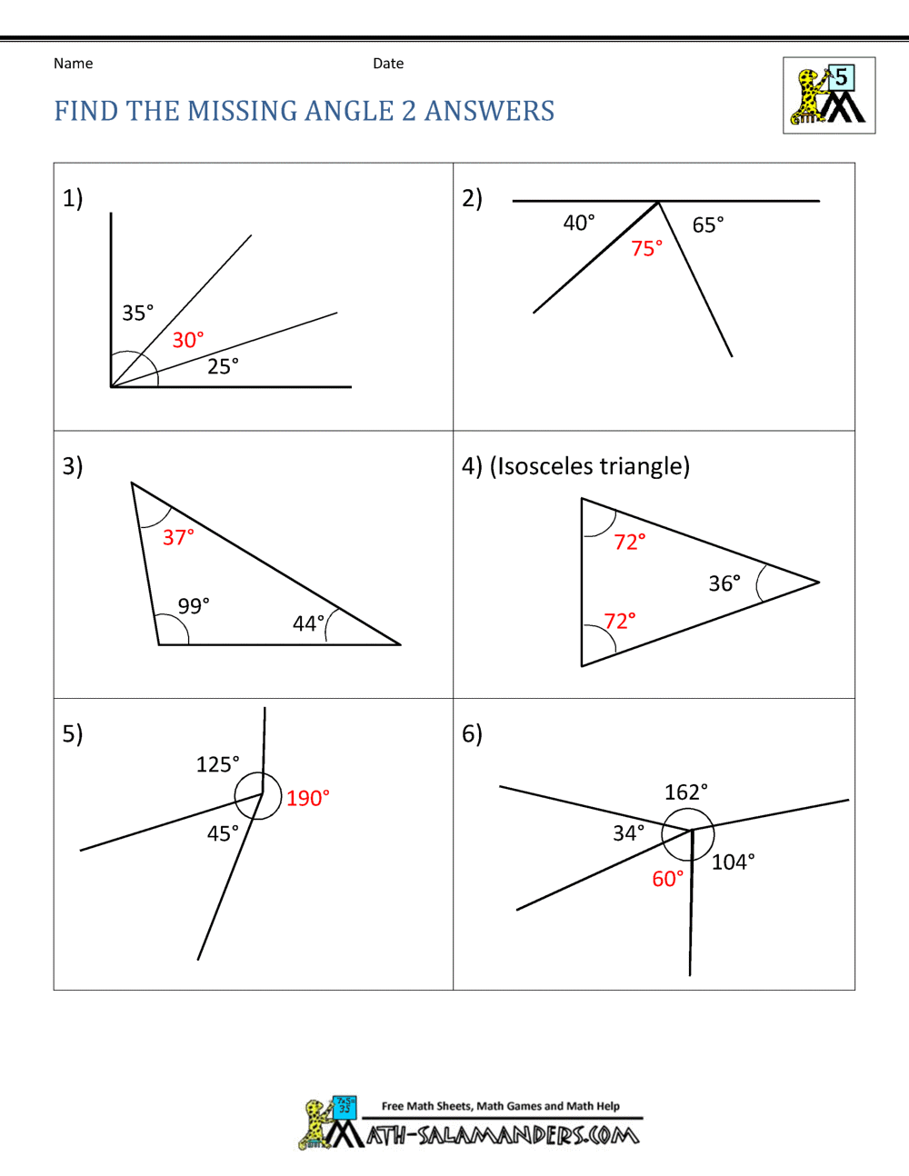 20th Grade Geometry Pertaining To Finding Missing Angles Worksheet