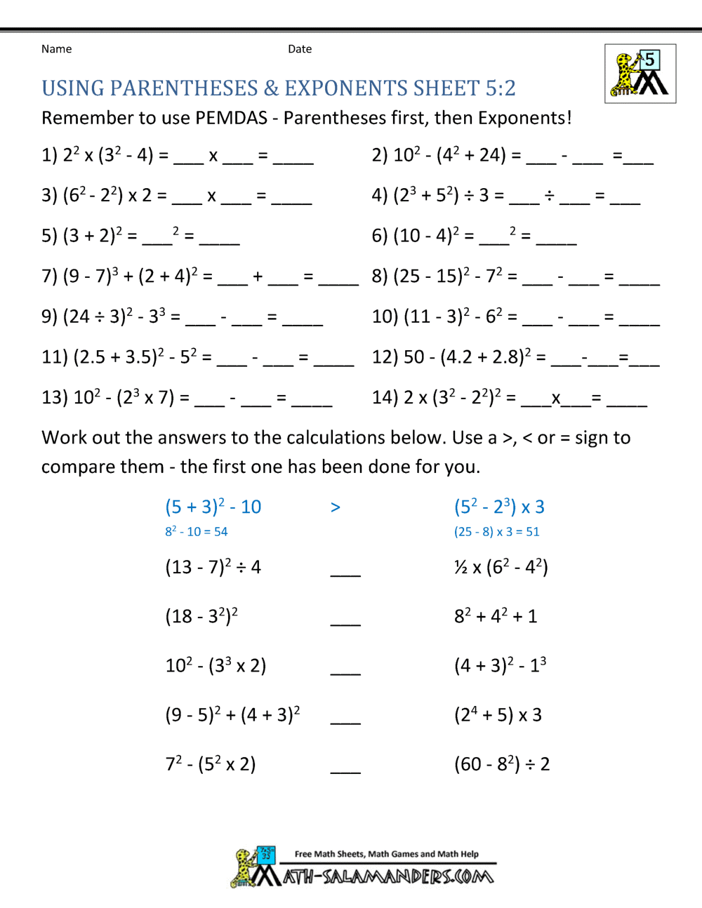 PEMDAS Problems Intended For Rules Of Exponents Worksheet Pdf