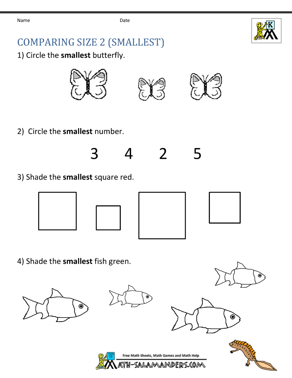 Kindergarten Math Worksheets Comparing Numbers and Size