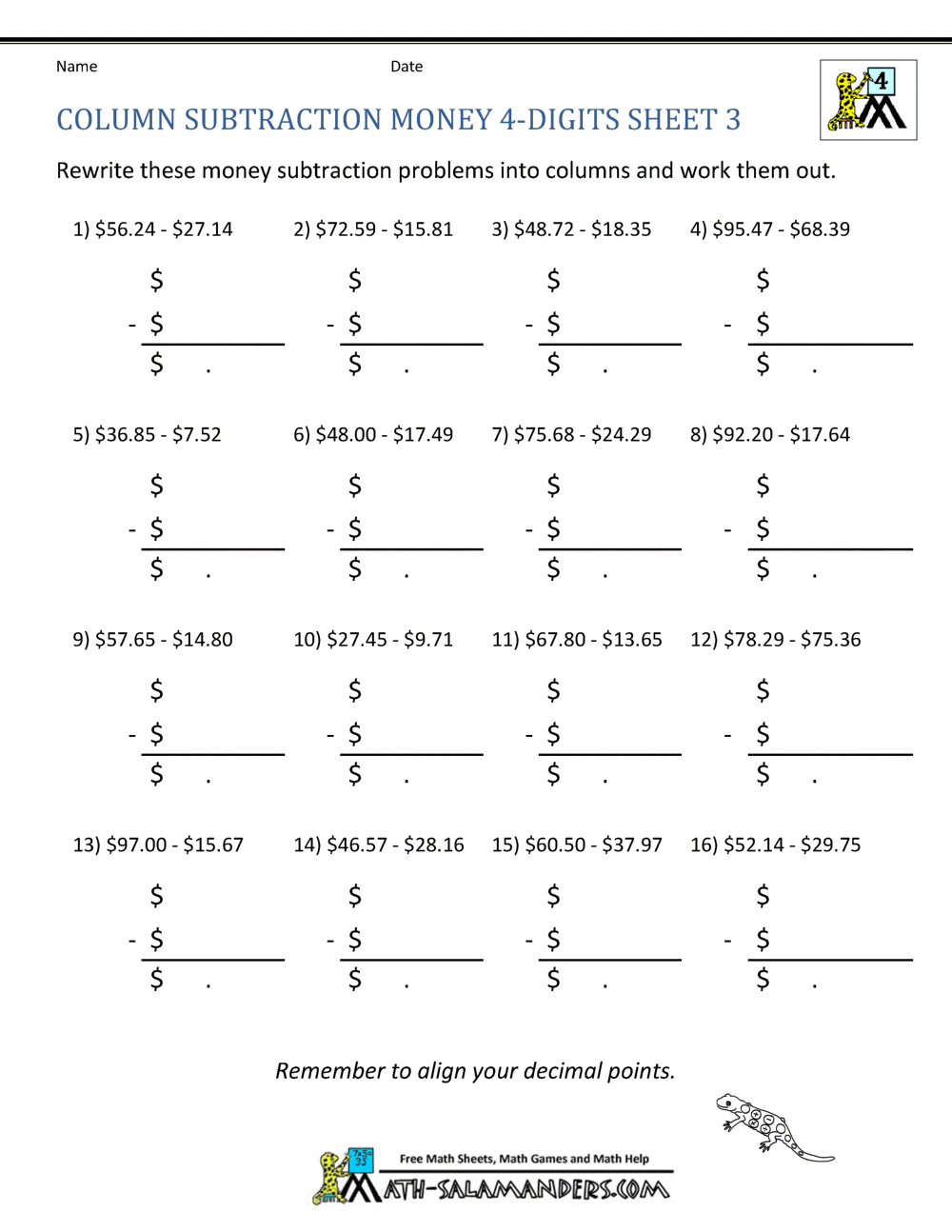 4Th Grade Math Worksheets Subtraction | World of Reference