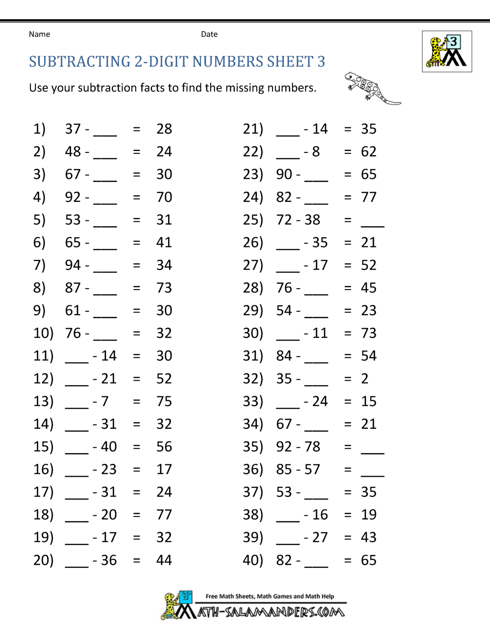 third grade subtraction worksheets