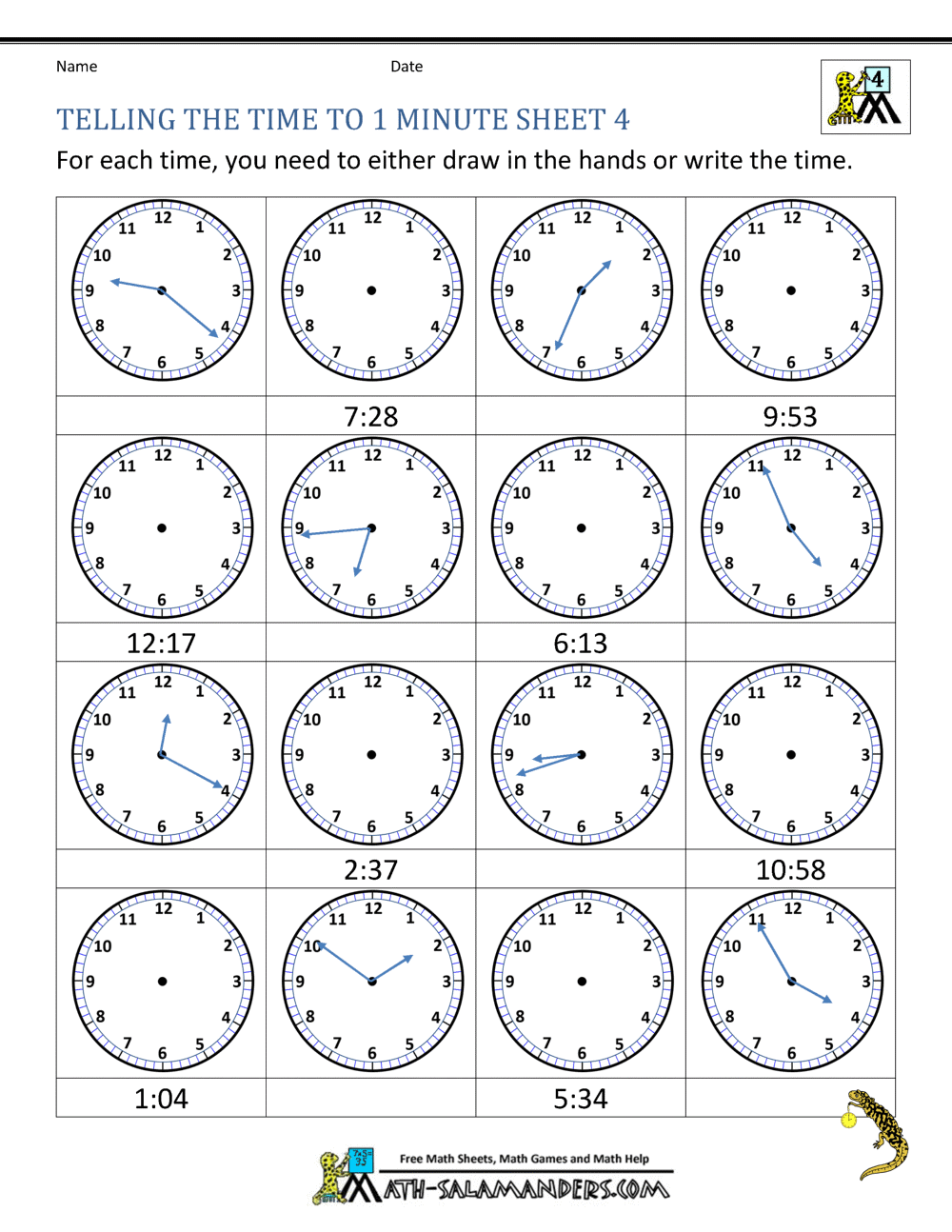 Clock Worksheets - to 1 minute