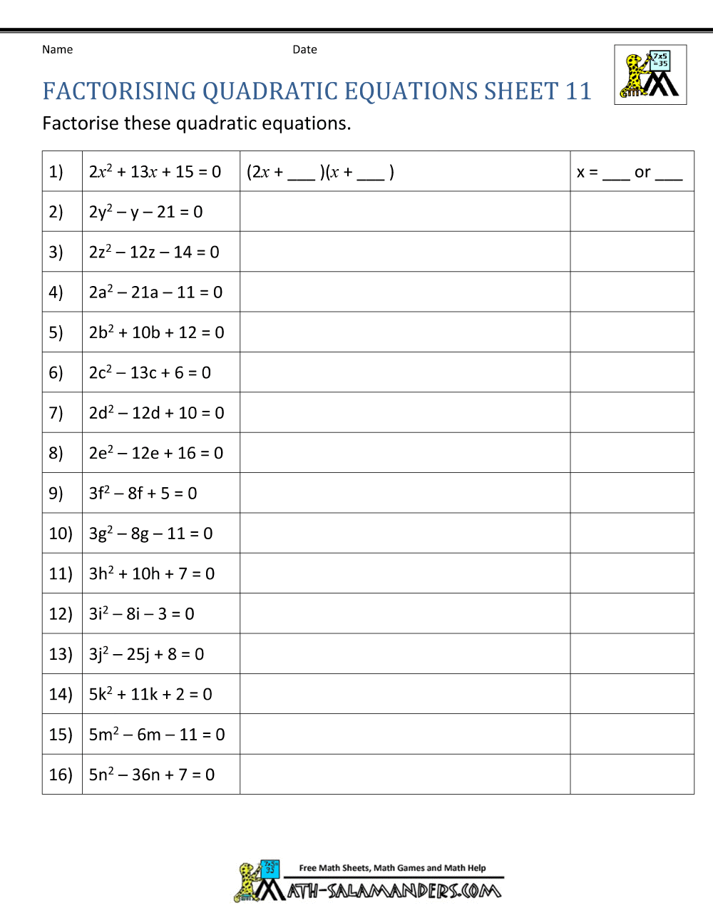Factoring Quadratic Equations For Quadratic Equations Word Problems Worksheet