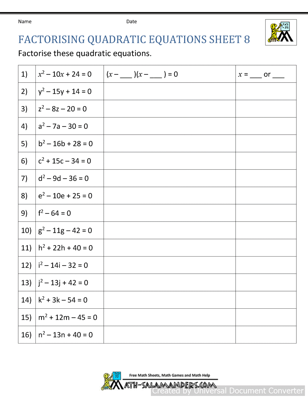 Factoring Quadratic Equations Pertaining To Solving Quadratic Equations Worksheet
