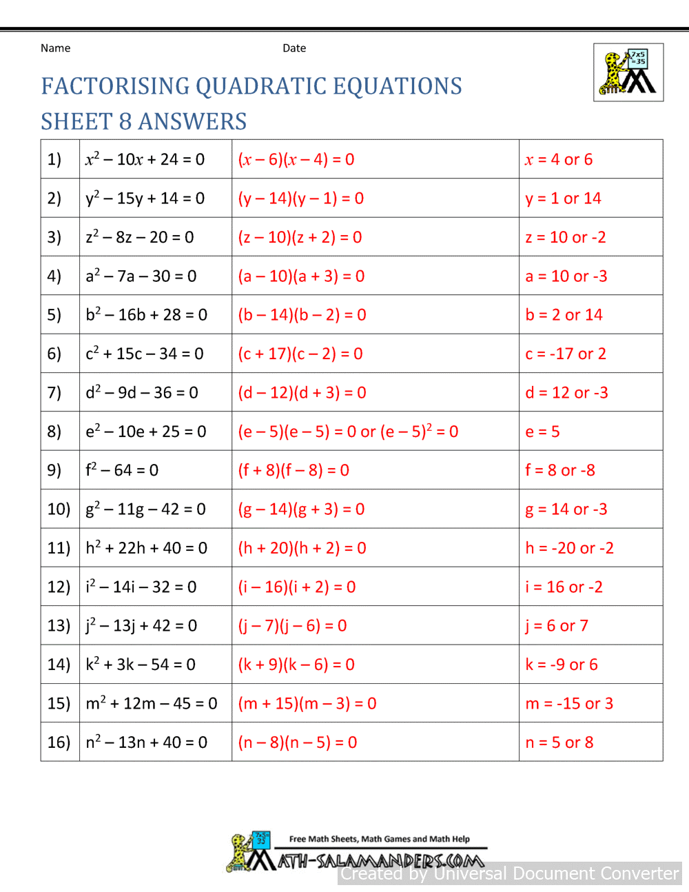 Quadratic Formula Worksheet With Answers Pdf