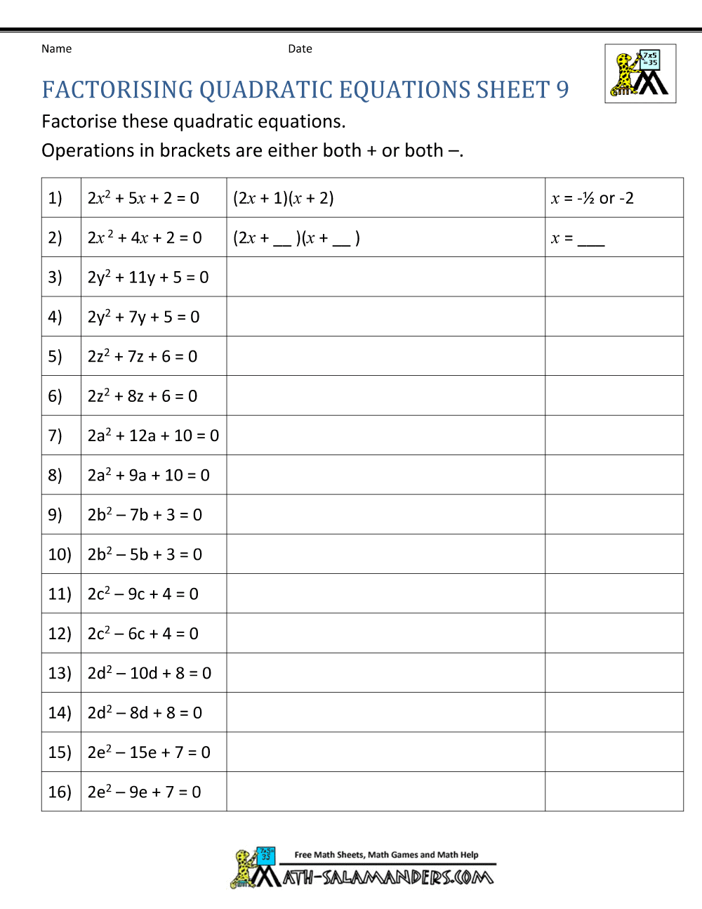 Factoring Quadratic Equations Within Factoring Linear Expressions Worksheet