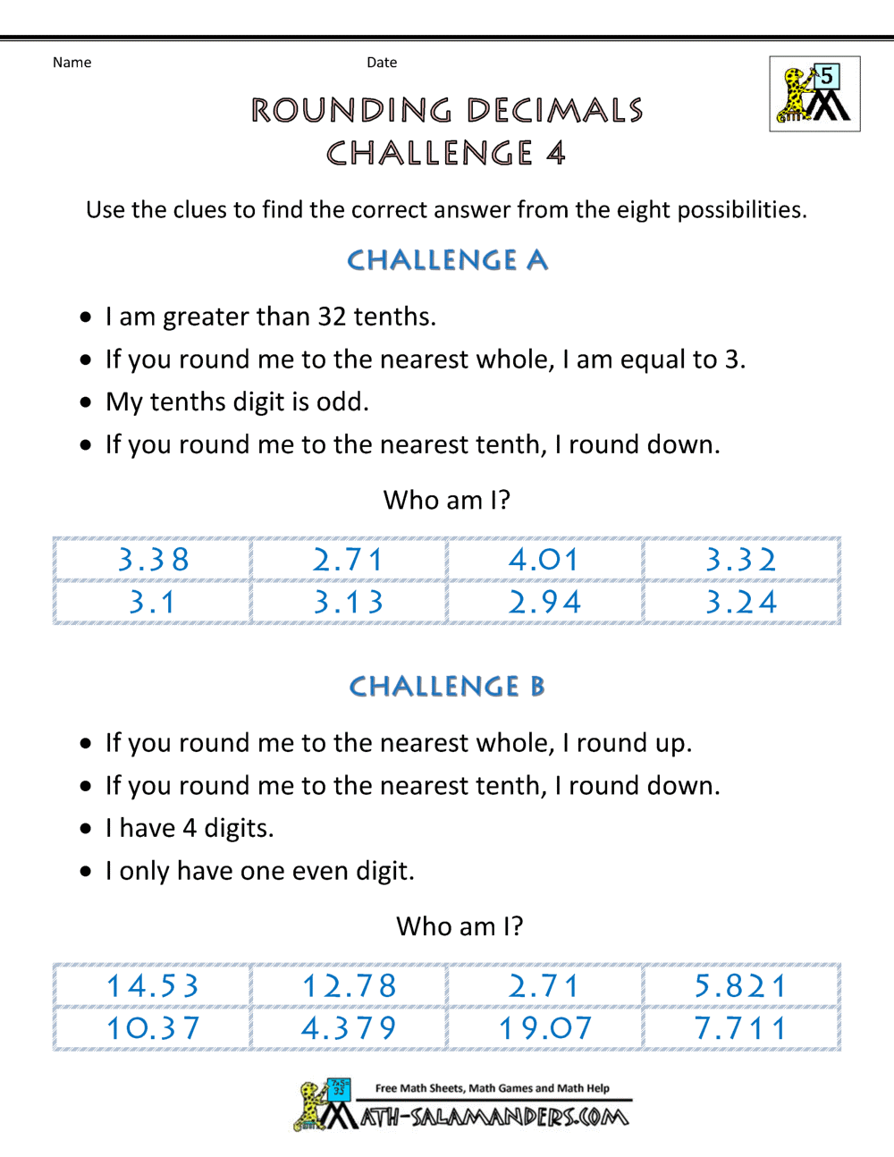 rounding decimals worksheet challenges