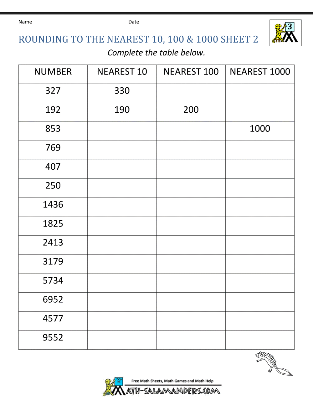 rounding worksheet to the nearest 1000