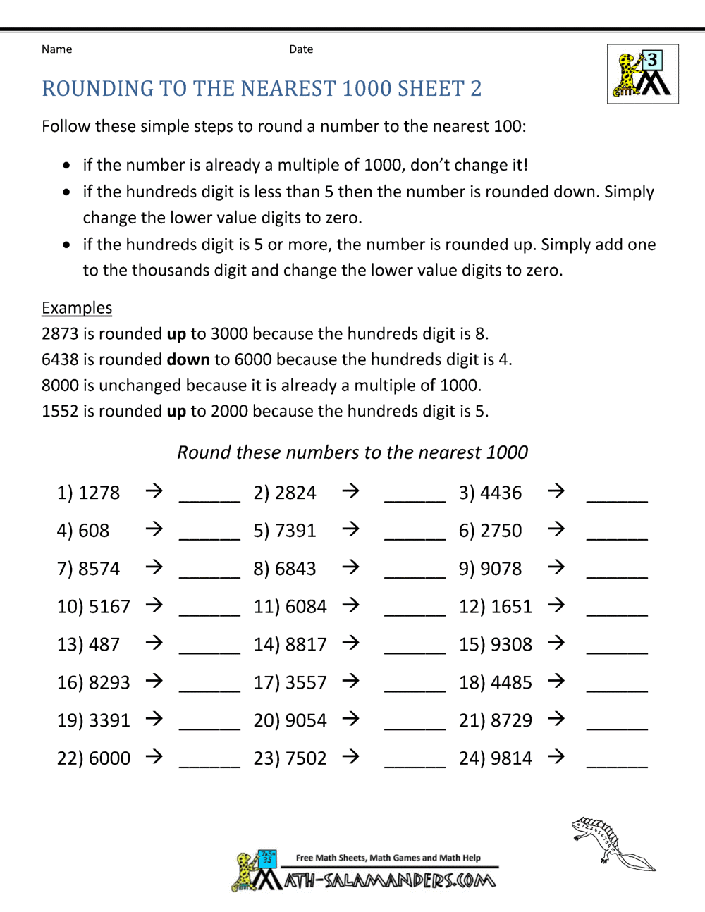Rounding Worksheet to the nearest 1000